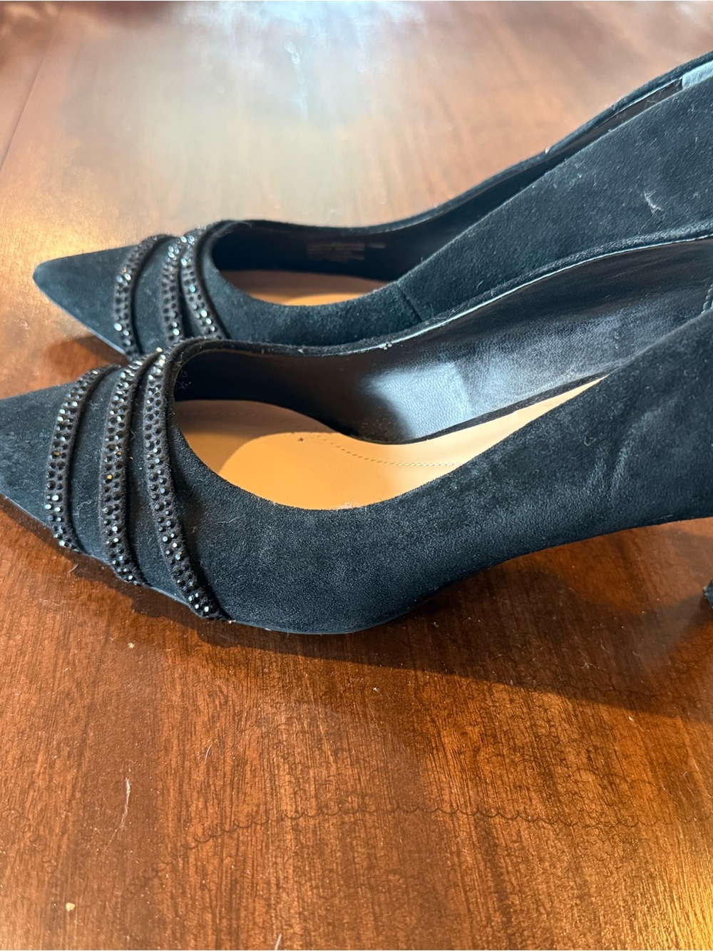 Black Suede Pointed-Toe Pumps with Beaded Accent